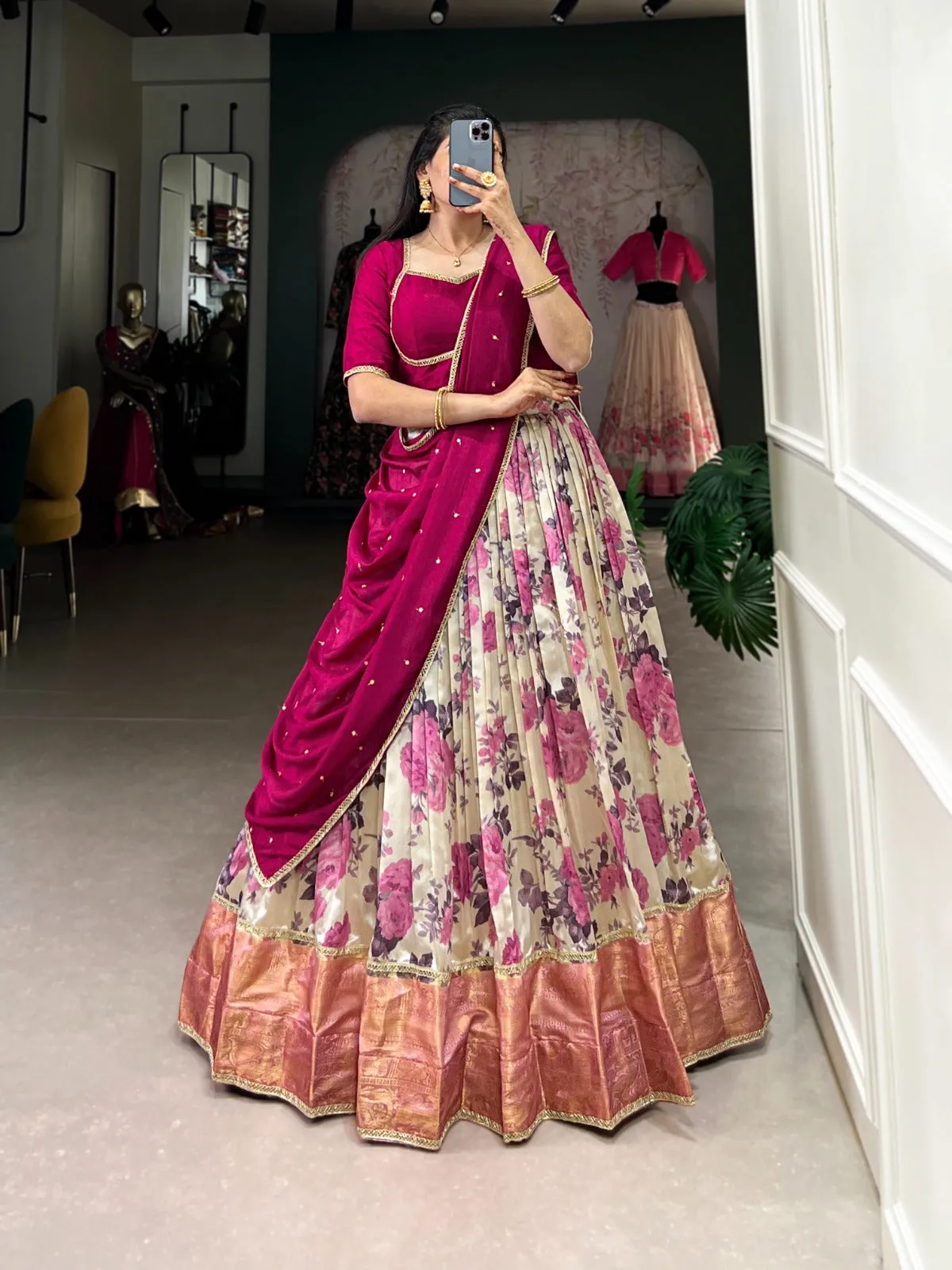 Floral Printed Silk Lehenga Choli
