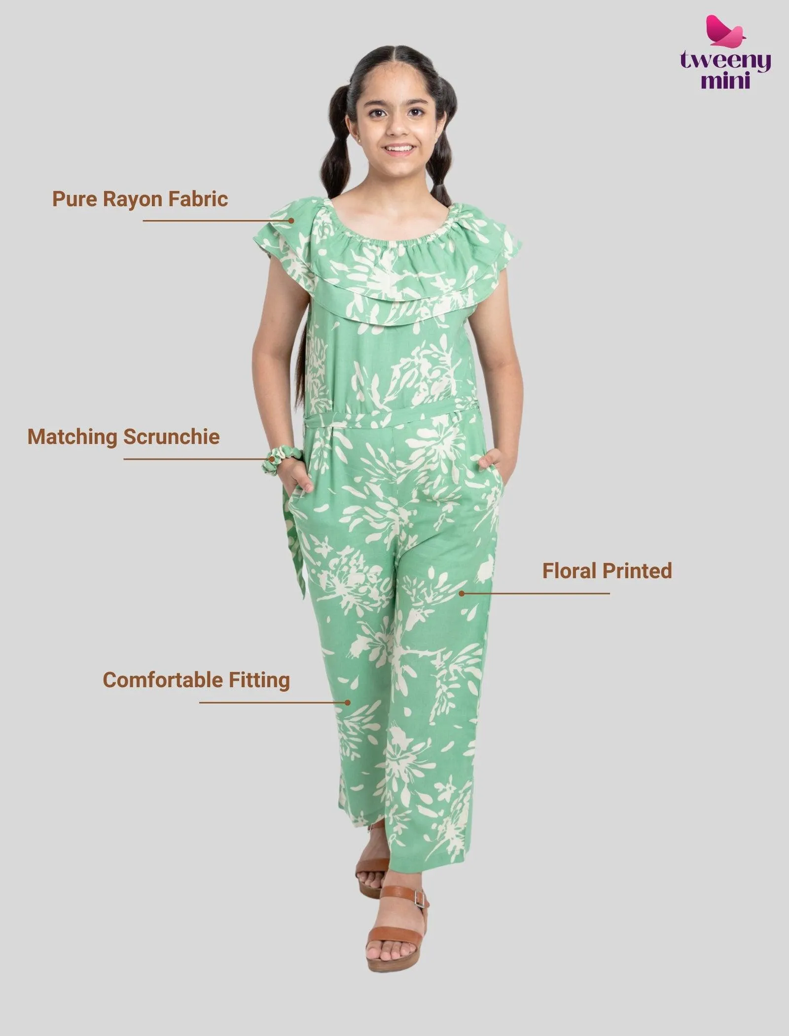 Girls Kids Summer Abstract Floral Printed Jumpsuit Off-Shoulder (Light Green)