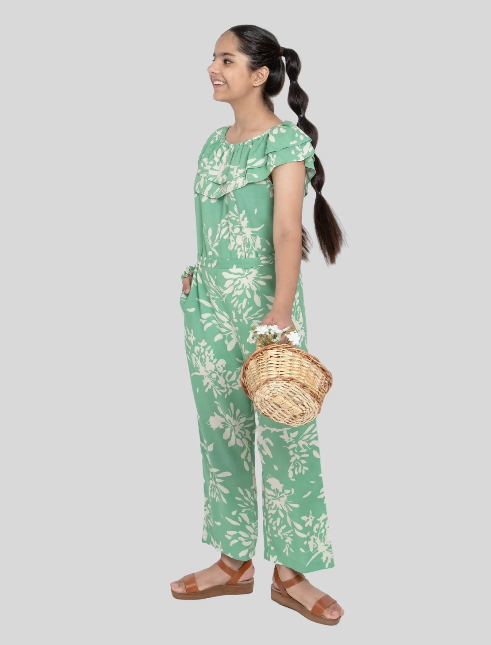 Girls Kids Summer Abstract Floral Printed Jumpsuit Off-Shoulder (Light Green)