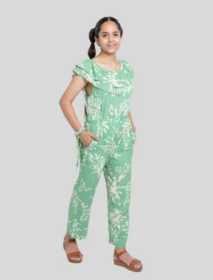 Girls Kids Summer Abstract Floral Printed Jumpsuit Off-Shoulder (Light Green)