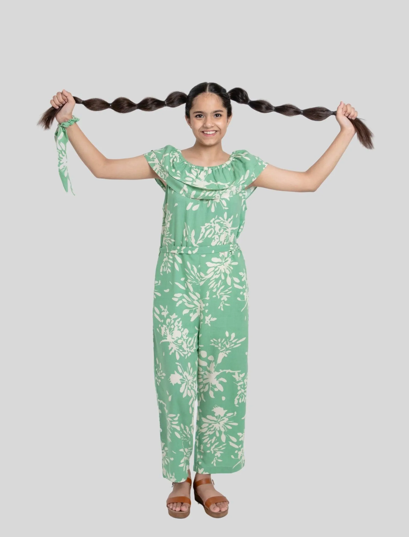 Girls Kids Summer Abstract Floral Printed Jumpsuit Off-Shoulder (Light Green)