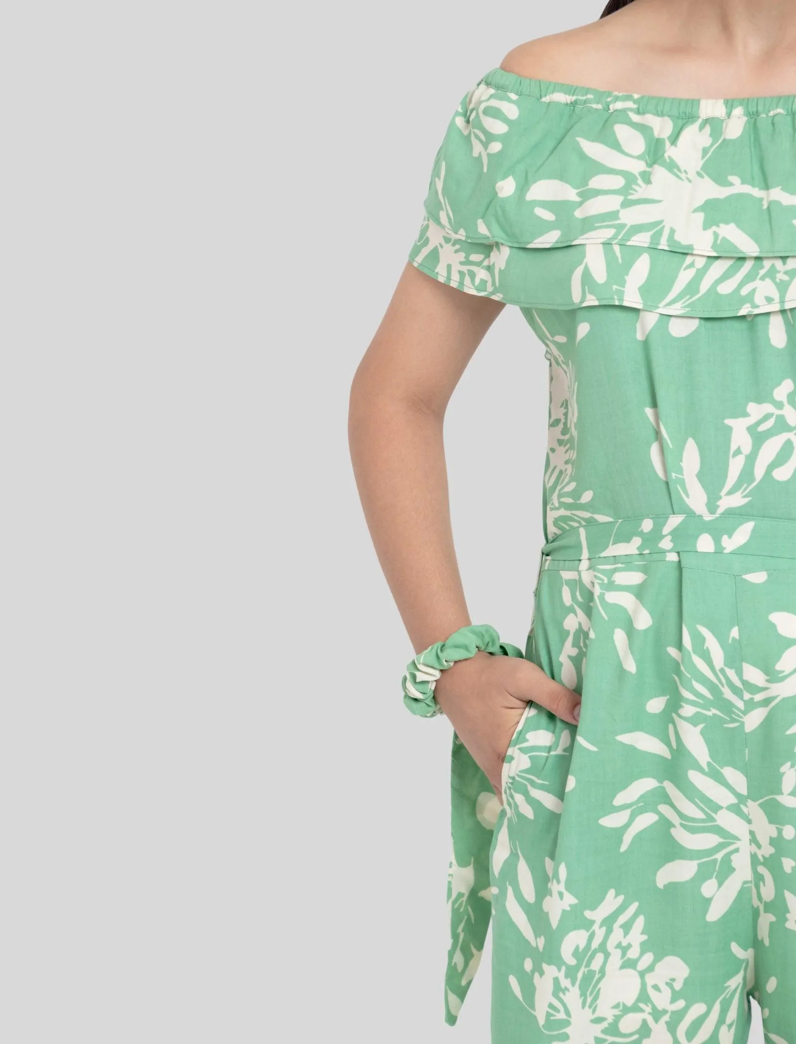 Girls Kids Summer Abstract Floral Printed Jumpsuit Off-Shoulder (Light Green)