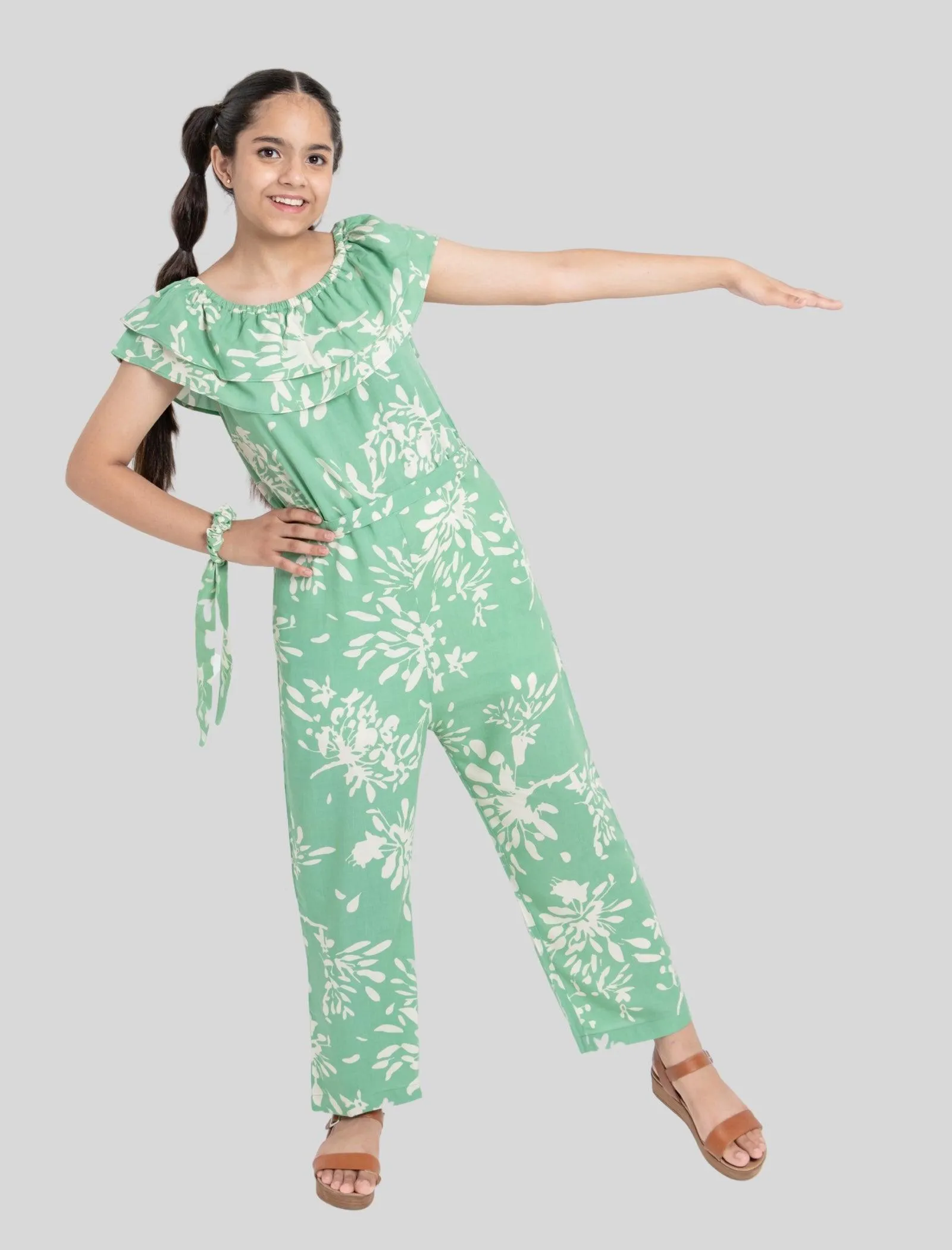 Girls Kids Summer Abstract Floral Printed Jumpsuit Off-Shoulder (Light Green)