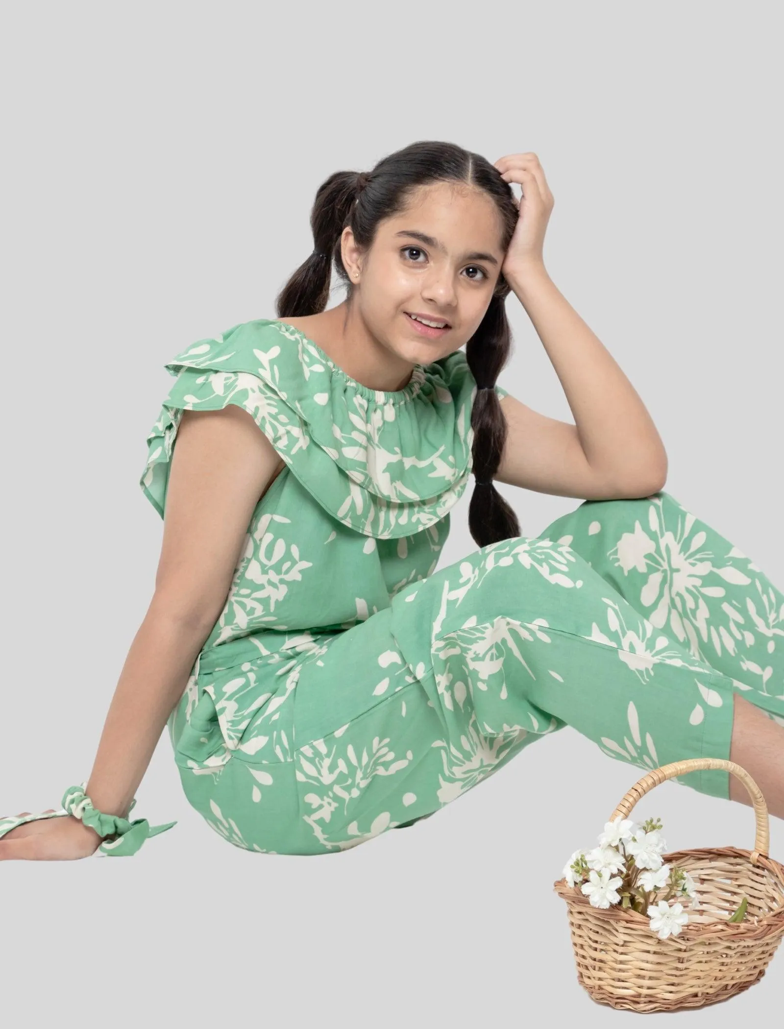 Girls Kids Summer Abstract Floral Printed Jumpsuit Off-Shoulder (Light Green)