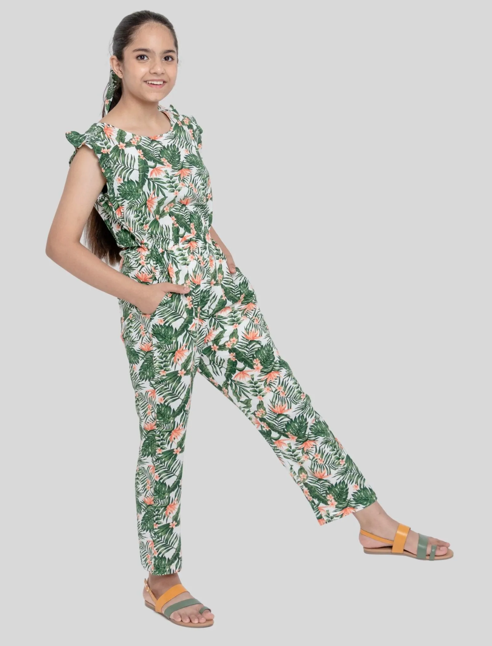 Girls Kids Summer Tropical Jumpsuit (Green)