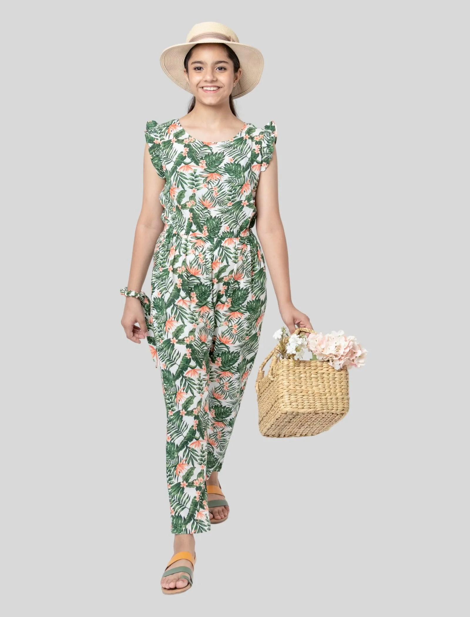 Girls Kids Summer Tropical Jumpsuit (Green)