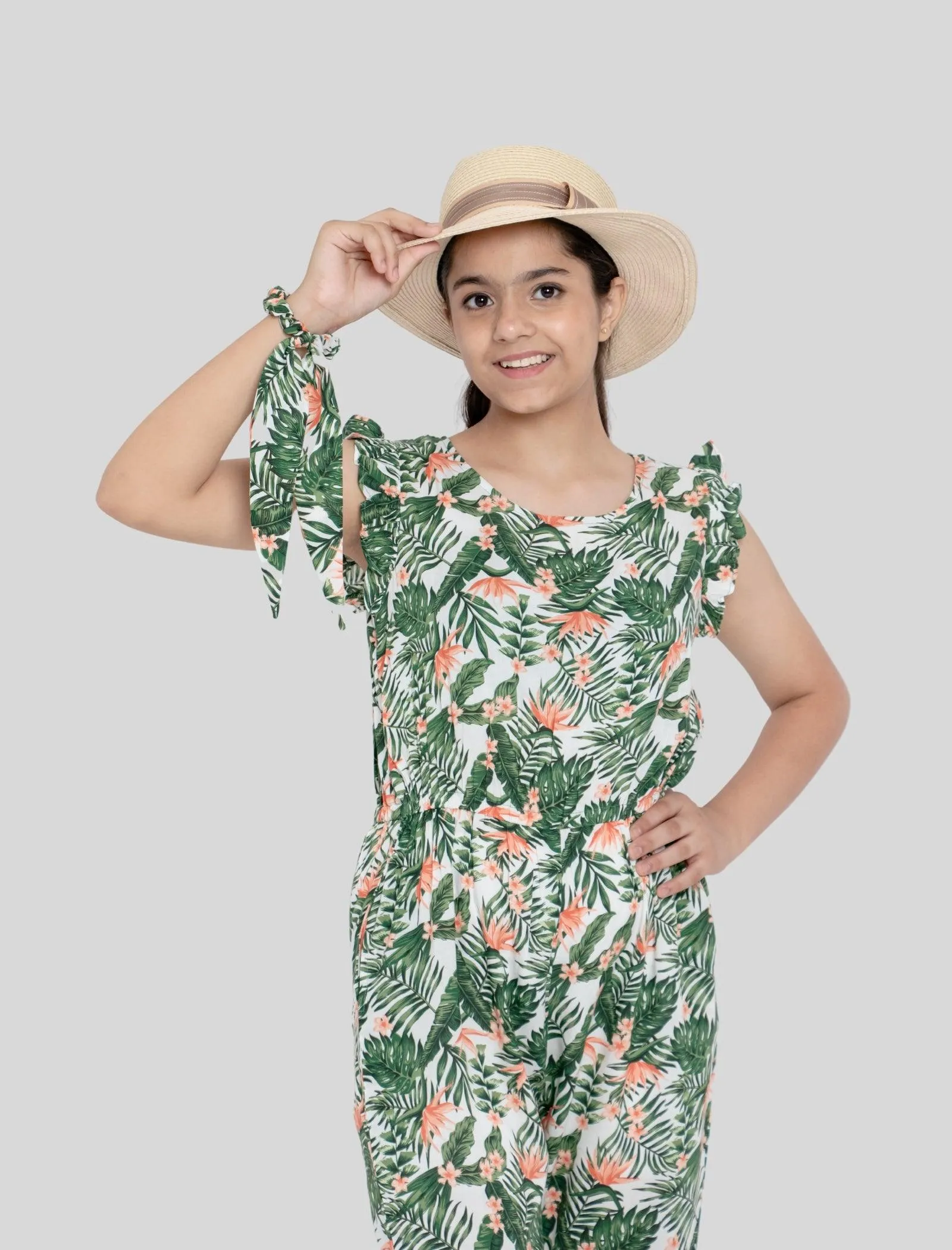 Girls Kids Summer Tropical Jumpsuit (Green)