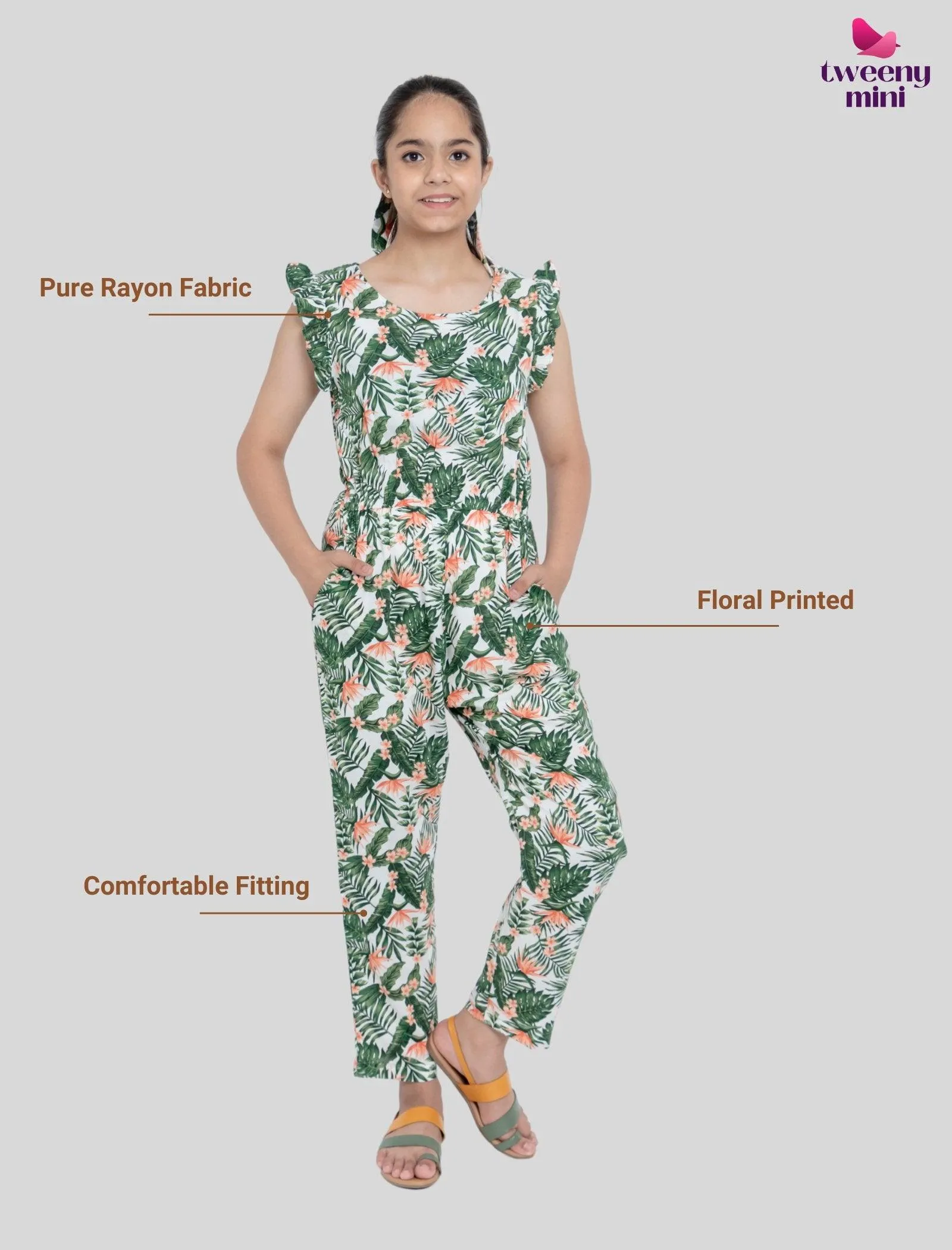Girls Kids Summer Tropical Jumpsuit (Green)