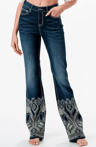 Grace in LA Women's Aztec Rhinestone High-Rise Boot Cut Jeans HB61799
