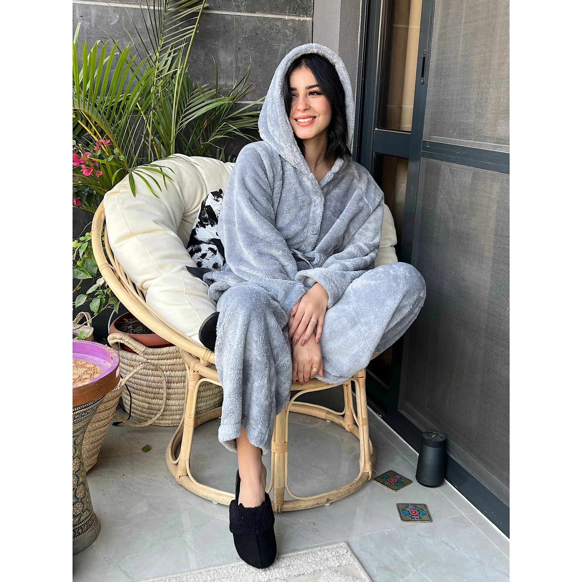 Grey fur buttoned pajama set