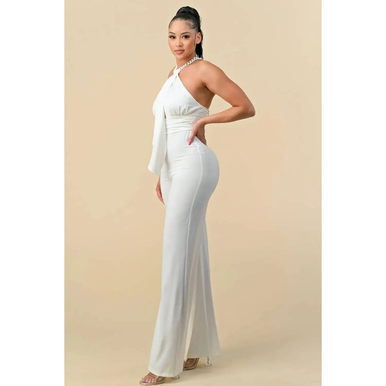 HALTERNECK RIBBON DETAIL CHAIN TRIM JUMPSUIT