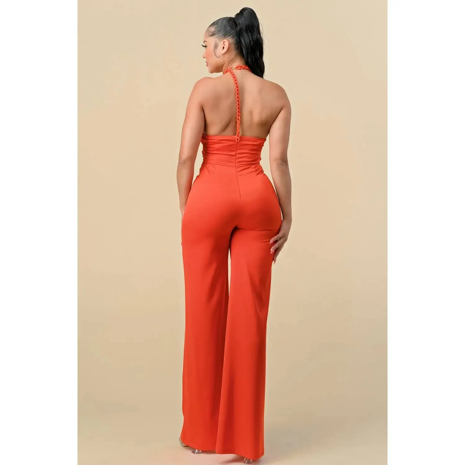 HALTERNECK RIBBON DETAIL CHAIN TRIM JUMPSUIT