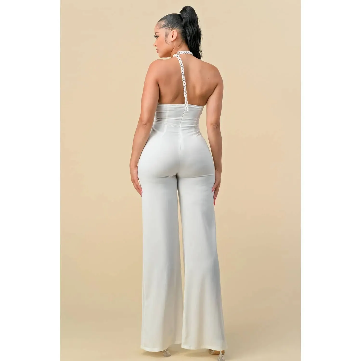 HALTERNECK RIBBON DETAIL CHAIN TRIM JUMPSUIT