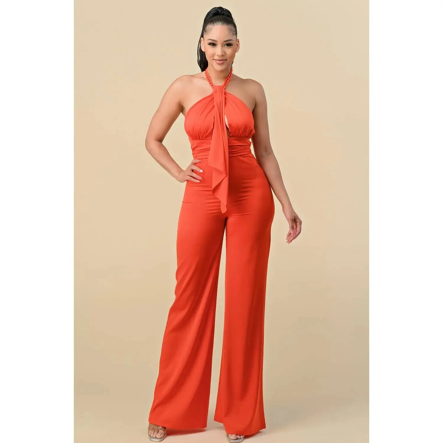 HALTERNECK RIBBON DETAIL CHAIN TRIM JUMPSUIT