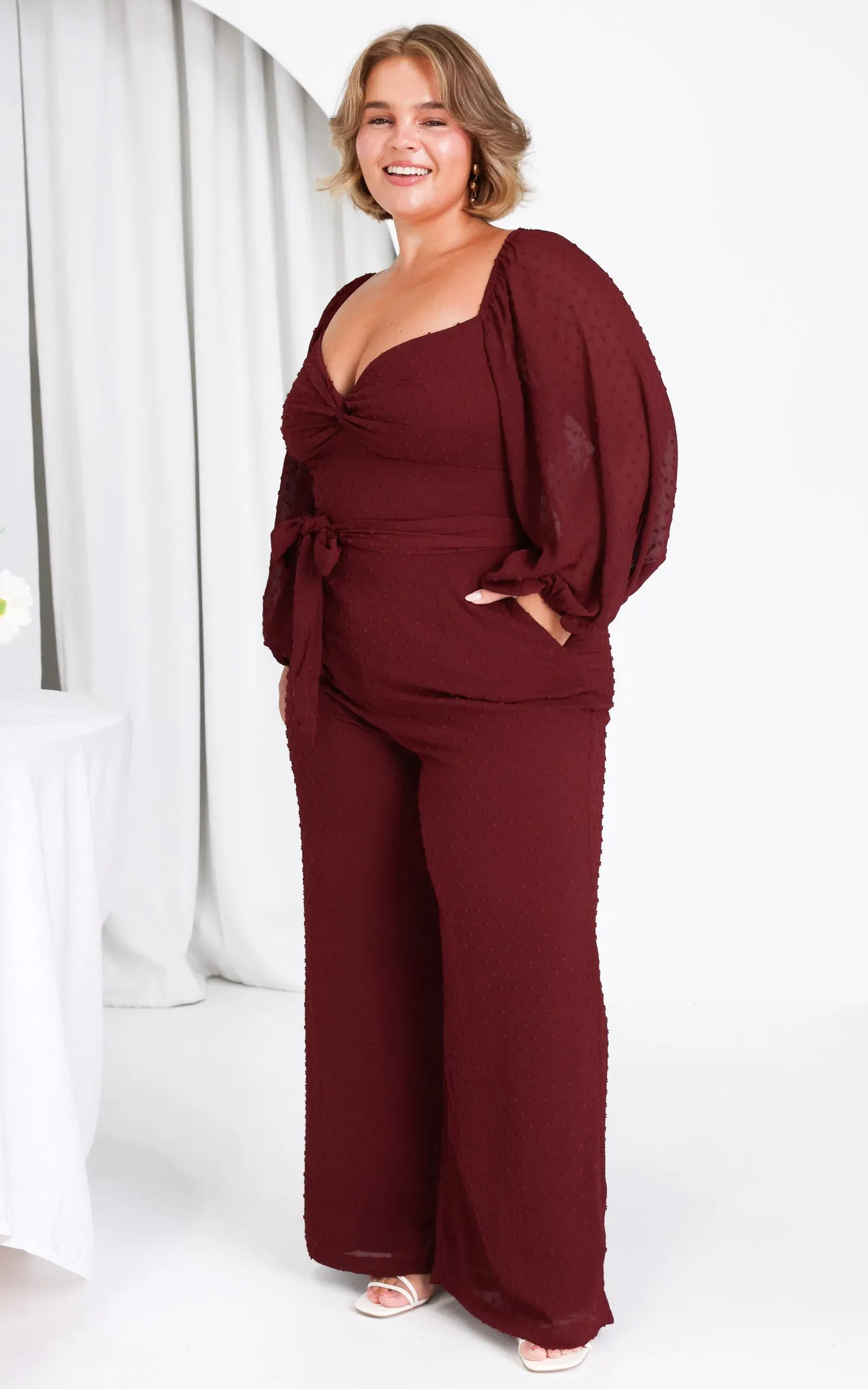 Harry Wide Leg Jumpsuit - Wine Texture