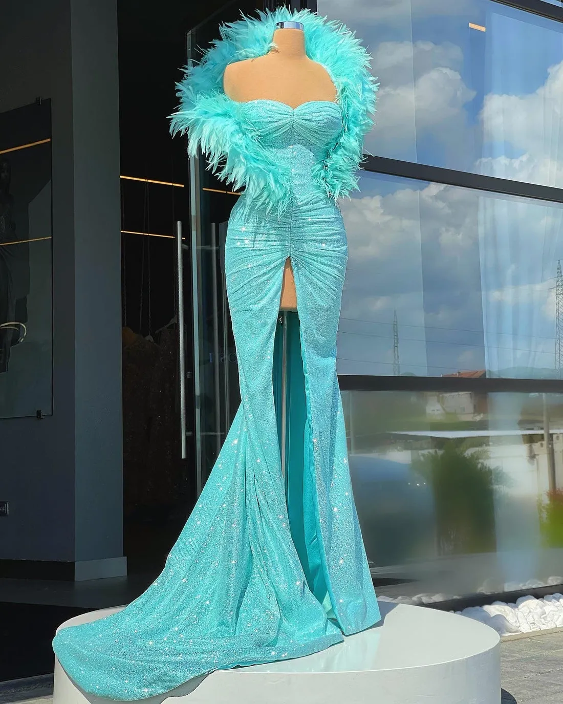 Hattie Blue Feathers   Evening Dress