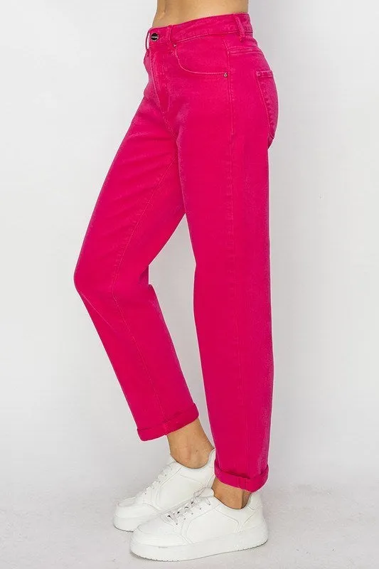 High Rise Boyfriend Colored Denim Jeans w Rolled Cuffs