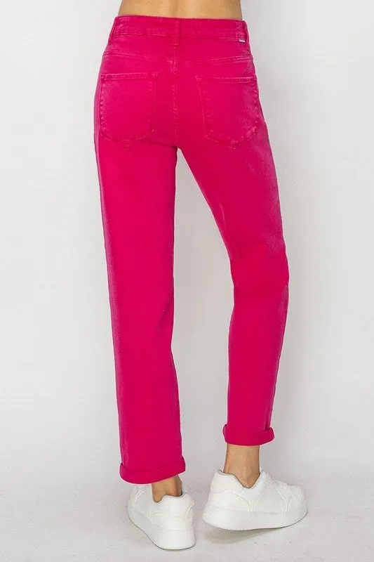 High Rise Boyfriend Colored Denim Jeans w Rolled Cuffs