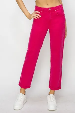 High Rise Boyfriend Colored Denim Jeans w Rolled Cuffs