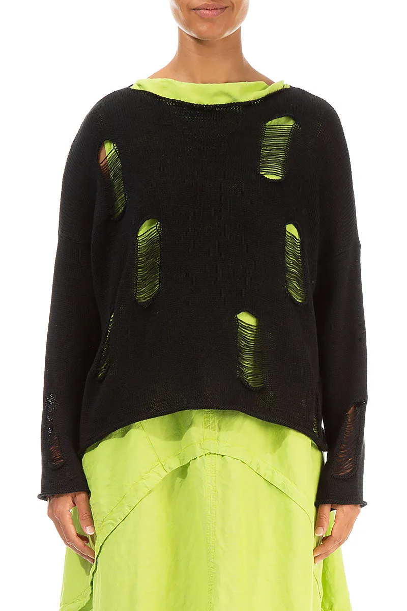 Hole-Detail Black Linen Jumper