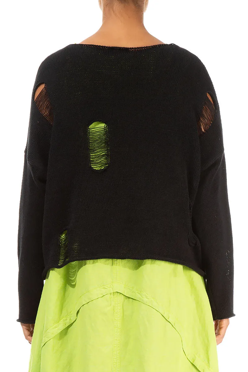 Hole-Detail Black Linen Jumper