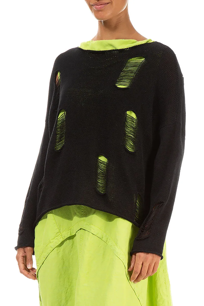Hole-Detail Black Linen Jumper