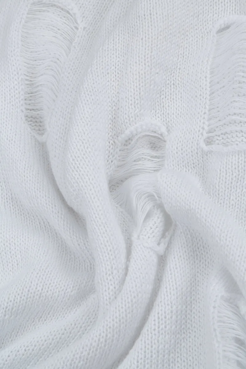 Hole-Detail White Linen Jumper