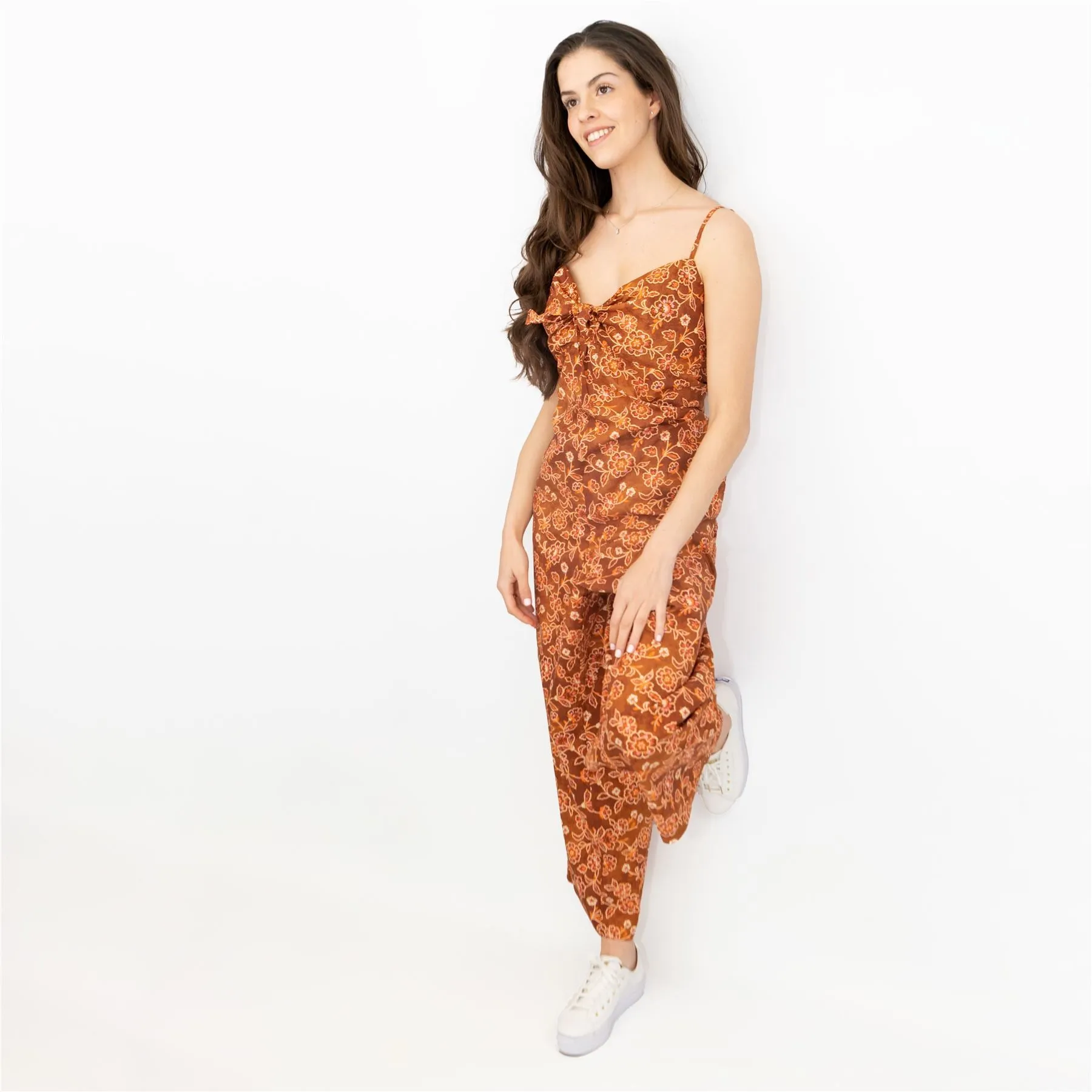 J.Crew Women Brown Floral Sleeveless Strap Relaxed Fit Wide Leg Jumpsuit