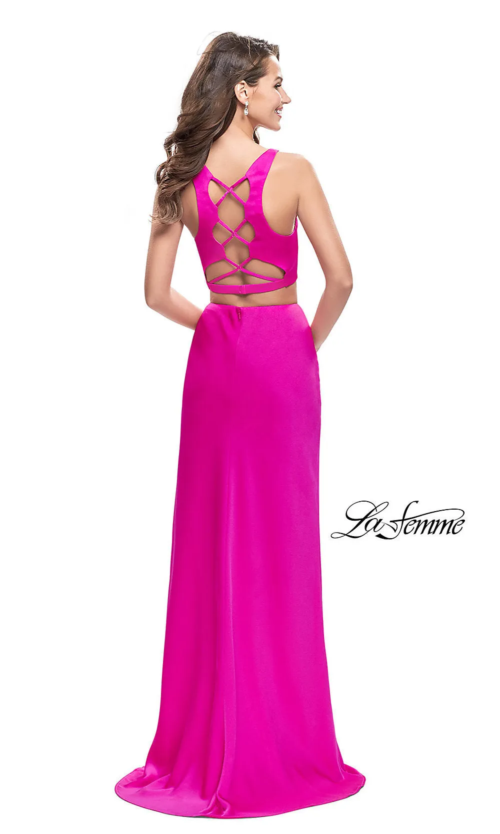 La Femme Caged-Back Two-Piece Long Formal Dress