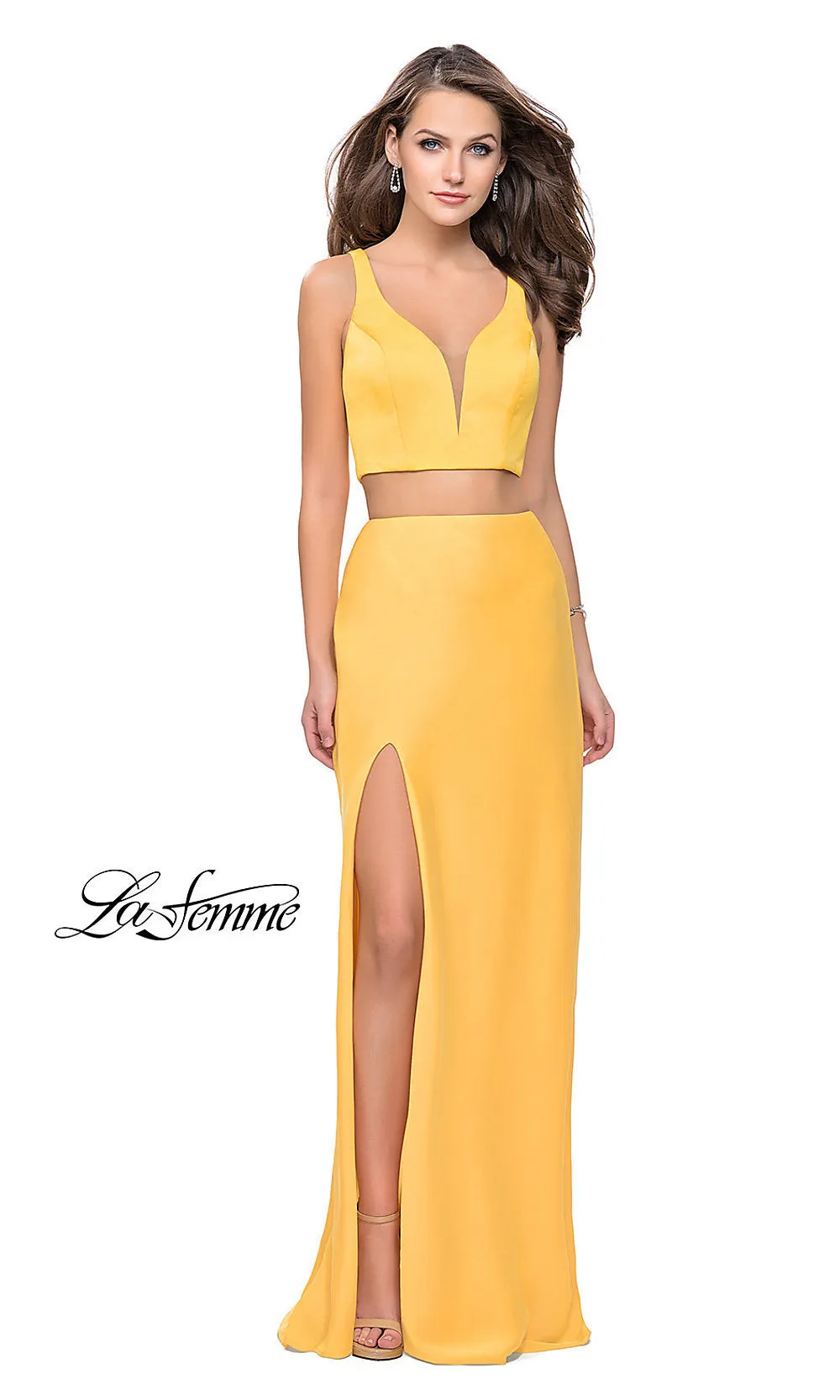 La Femme Caged-Back Two-Piece Long Formal Dress