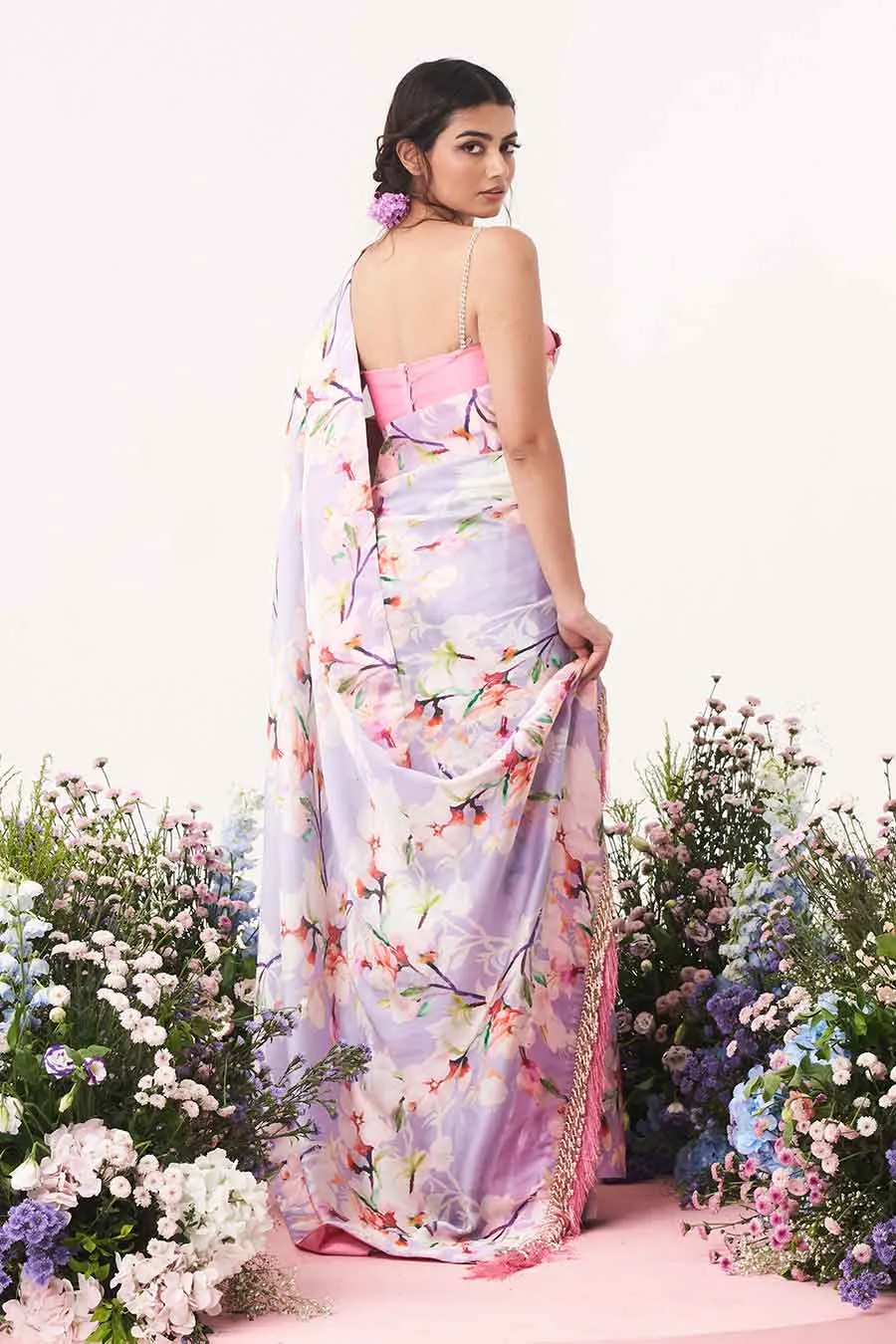 Lilac Floral Print Saree & Spaghetti Blouse Set