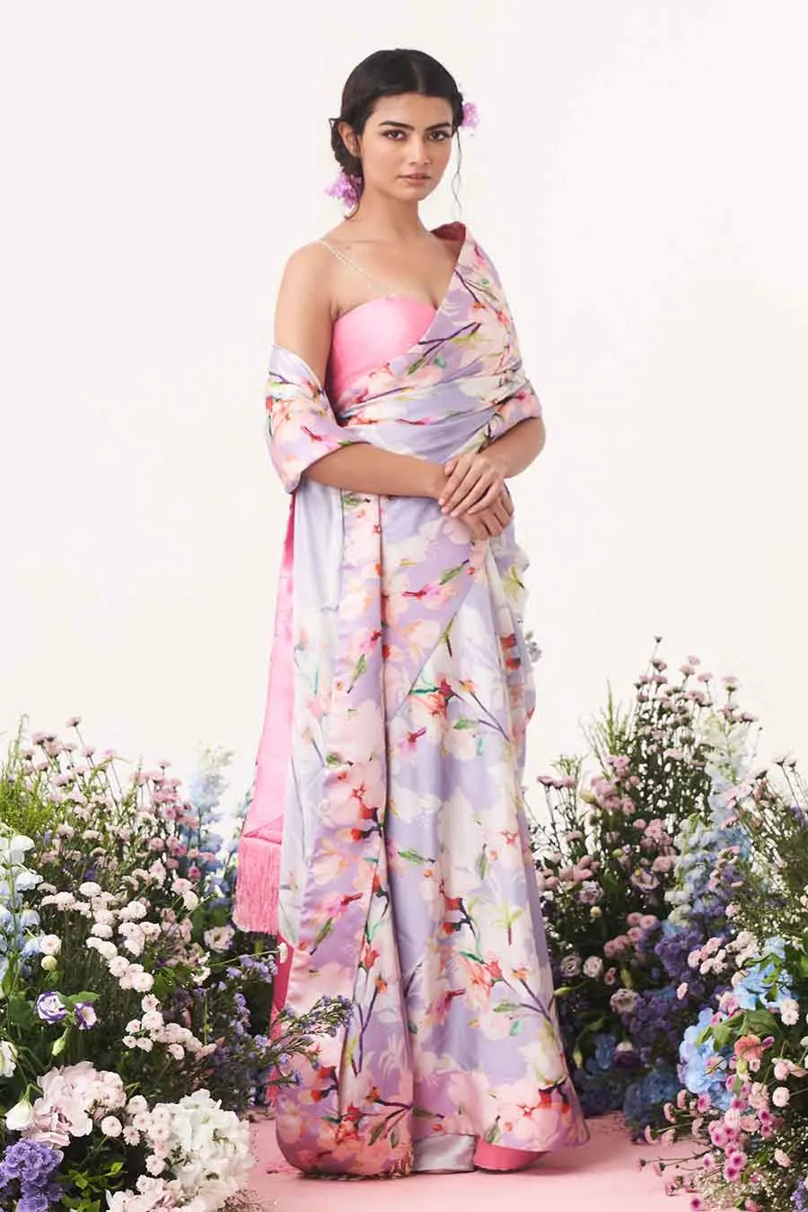 Lilac Floral Print Saree & Spaghetti Blouse Set
