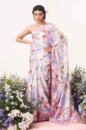 Lilac Floral Print Saree & Spaghetti Blouse Set