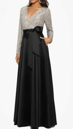 M1070 - Column Mother of the Bride Dress Shine V Neck Floor Length Satin Sequined Long Sleeve with Bow(s) Pleats