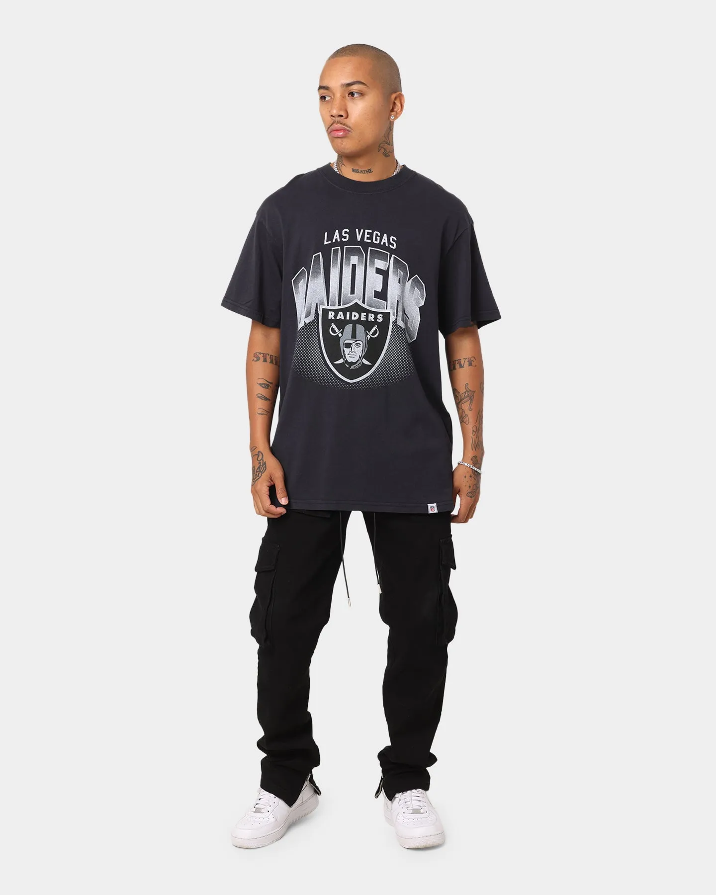 Majestic Athletic Las Vegas Raiders NFL Stripe Sleeve Oversized T-Shirt Faded Black