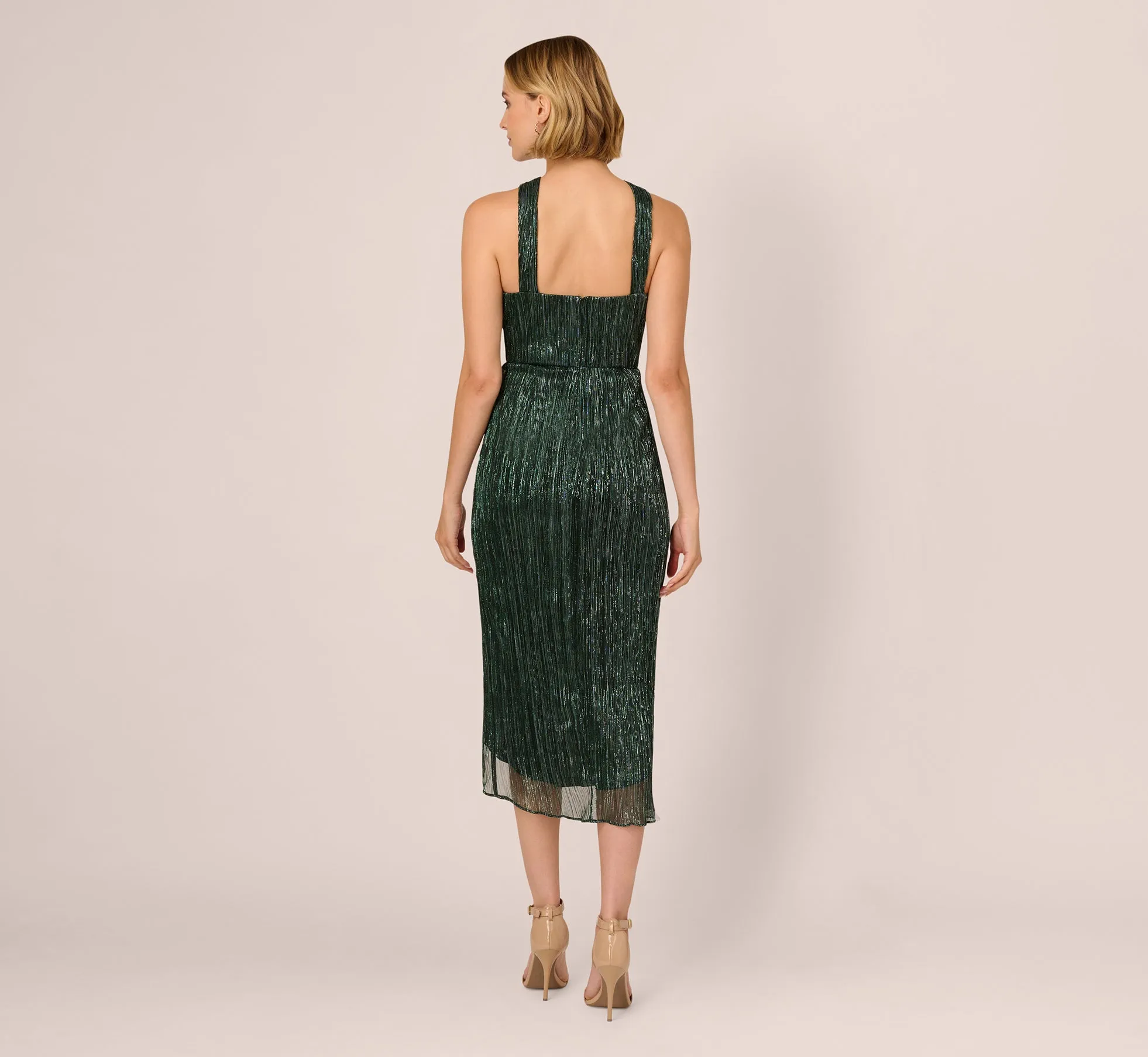 Metallic Knit Halter Midi Dress With Wrap Skirt In Green Pine