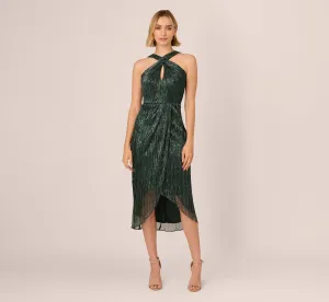 Metallic Knit Halter Midi Dress With Wrap Skirt In Green Pine