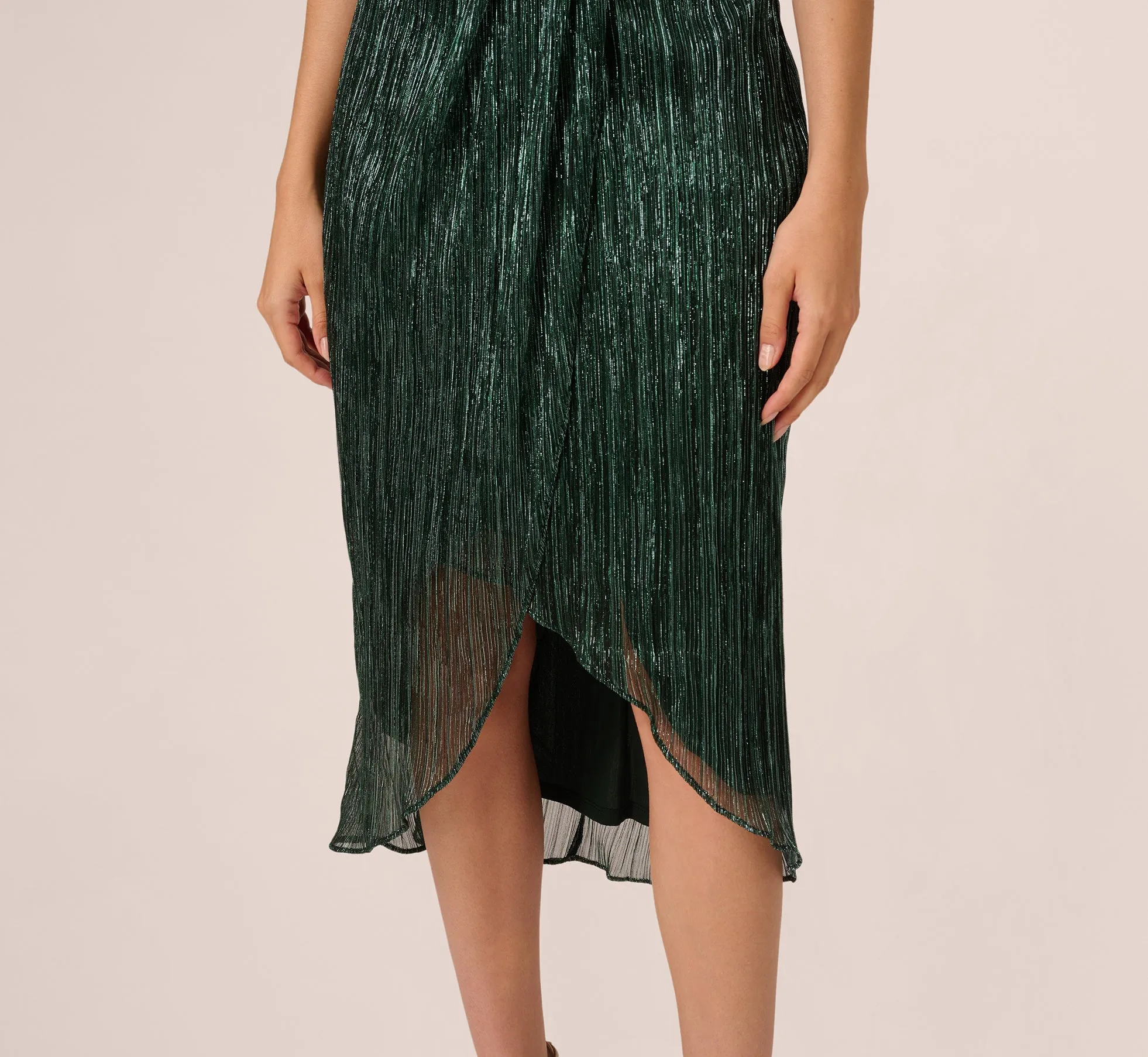 Metallic Knit Halter Midi Dress With Wrap Skirt In Green Pine