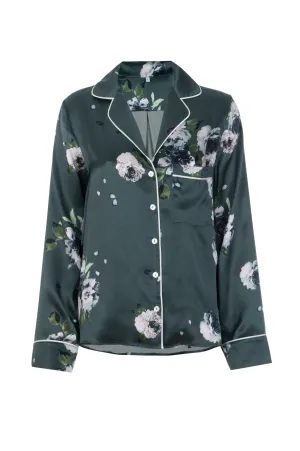NEW Silk Charmeuse Long Sleeved PJ Top: Emerald Rose Print