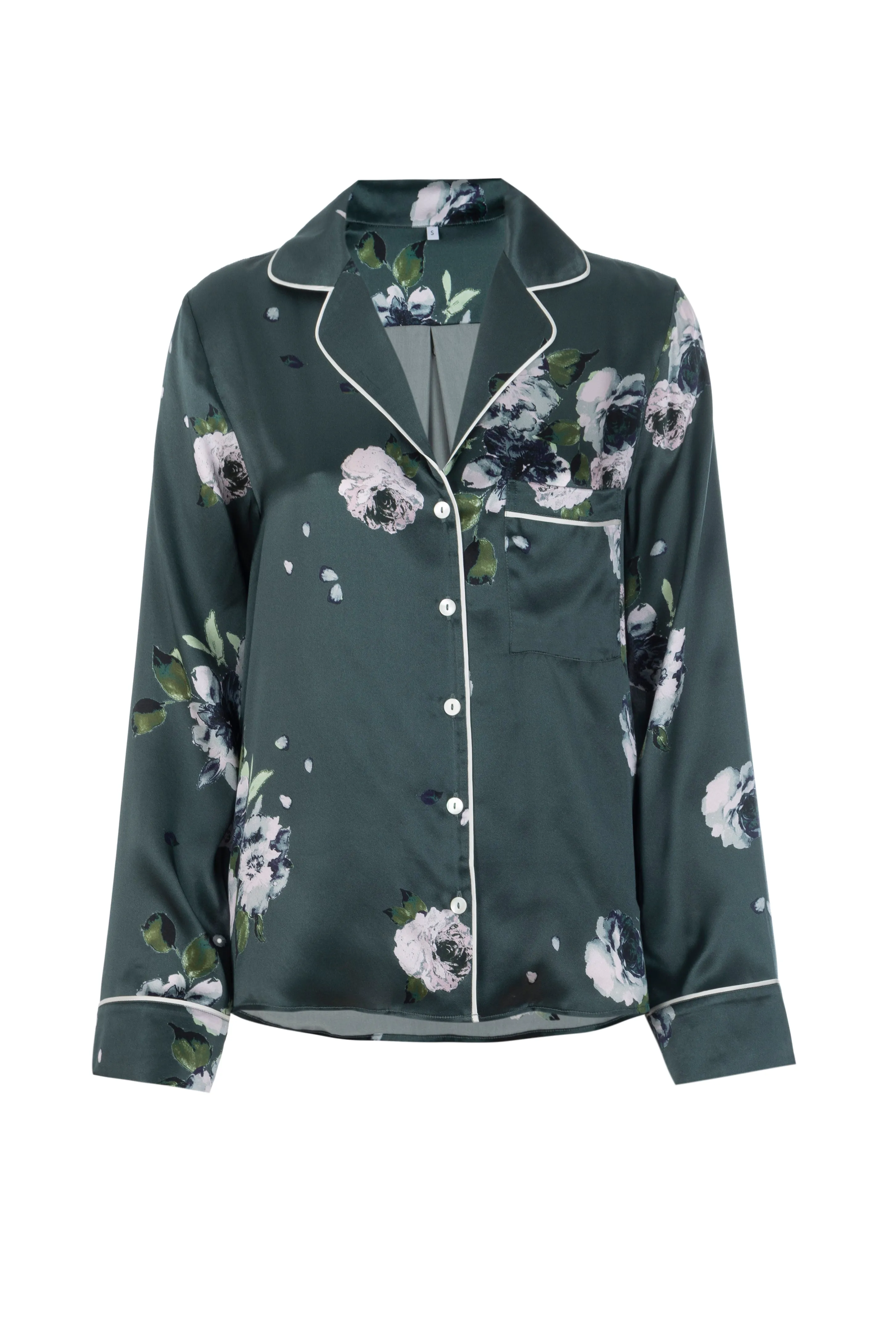 NEW Silk Charmeuse Long Sleeved PJ Top: Emerald Rose Print