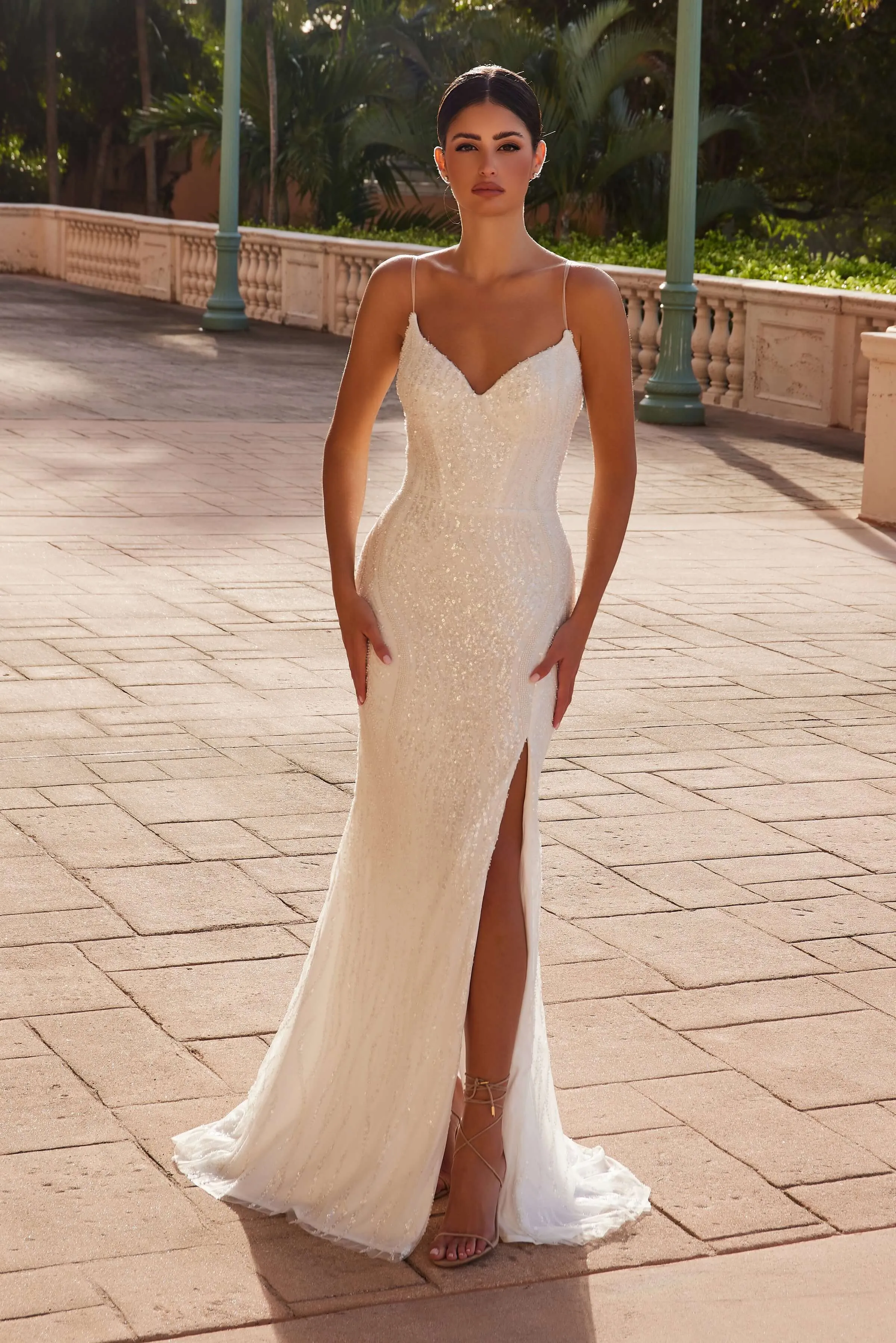 NOX ANABEL E1535W Long Beaded Tulle Evening Dress