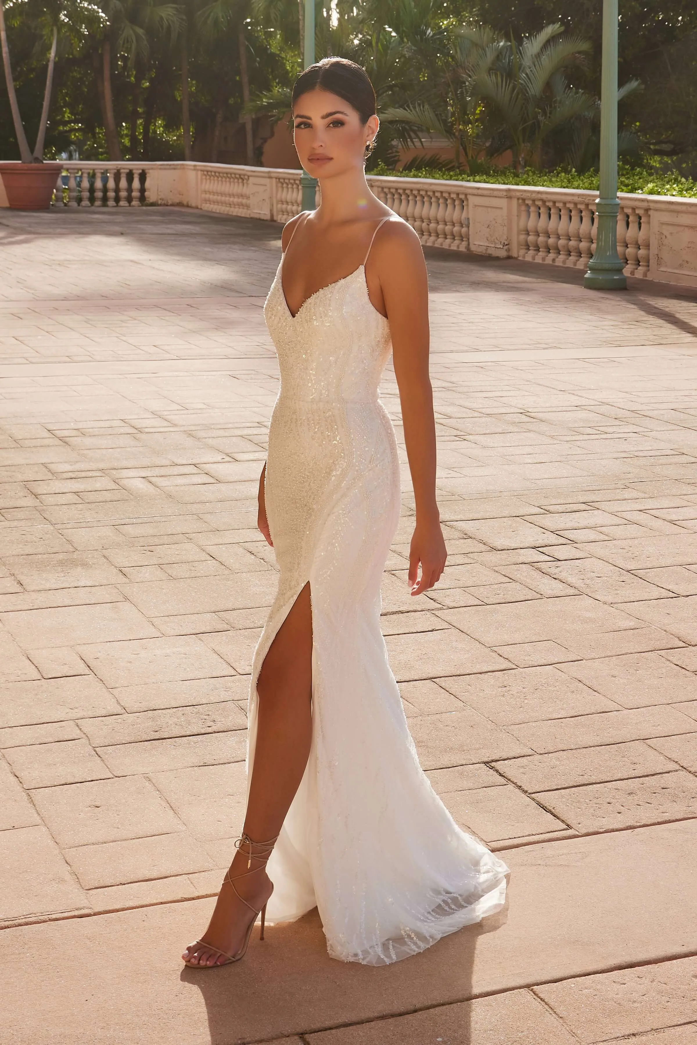 NOX ANABEL E1535W Long Beaded Tulle Evening Dress