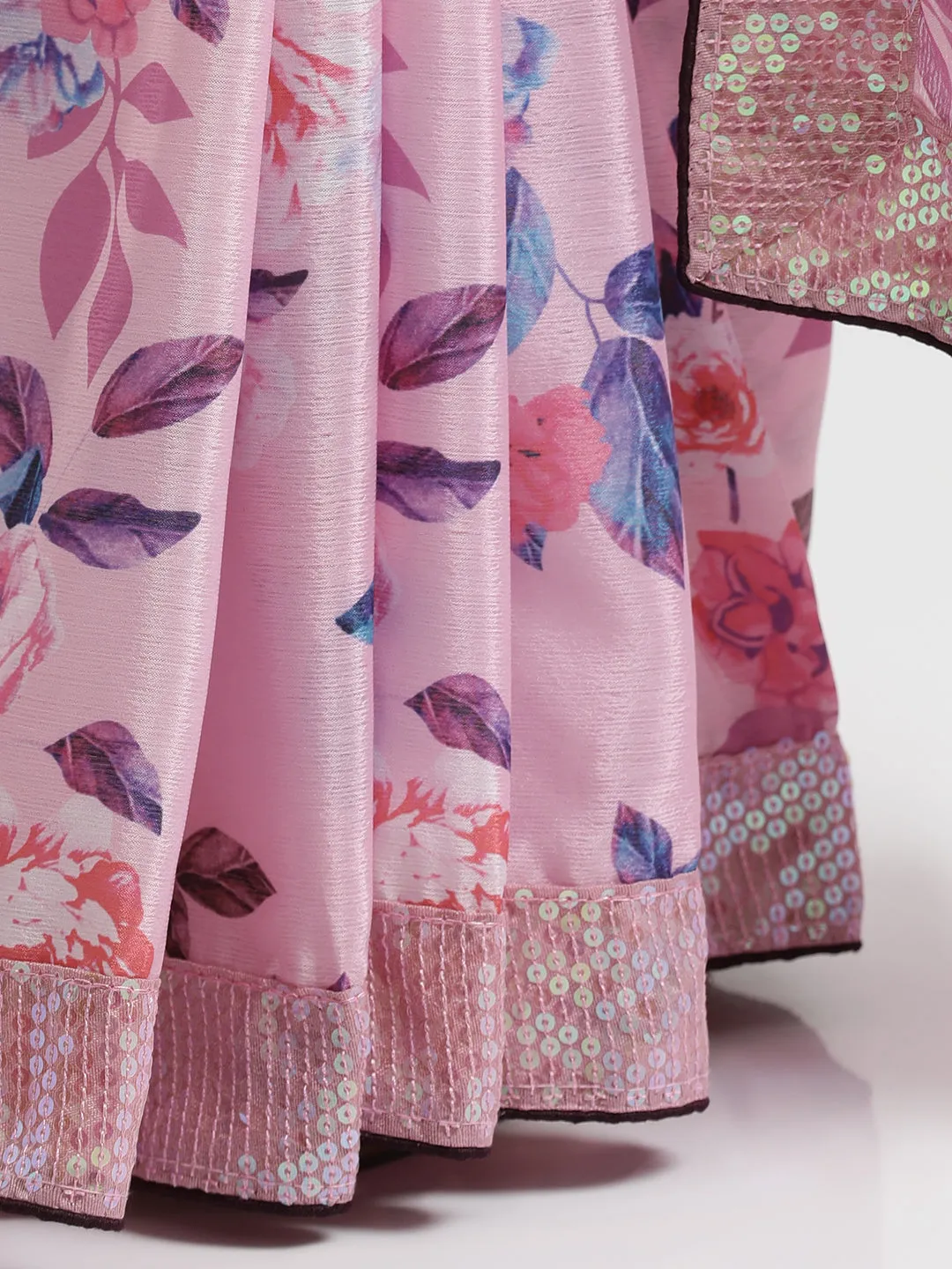 Pink Satin Silk Printed With Sequin Work Lace Saree