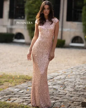 Primavera Couture 3796 Size 14, 20 Rose Gold Sequined Formal Dress High Neckline Cowl Back Evening Gown