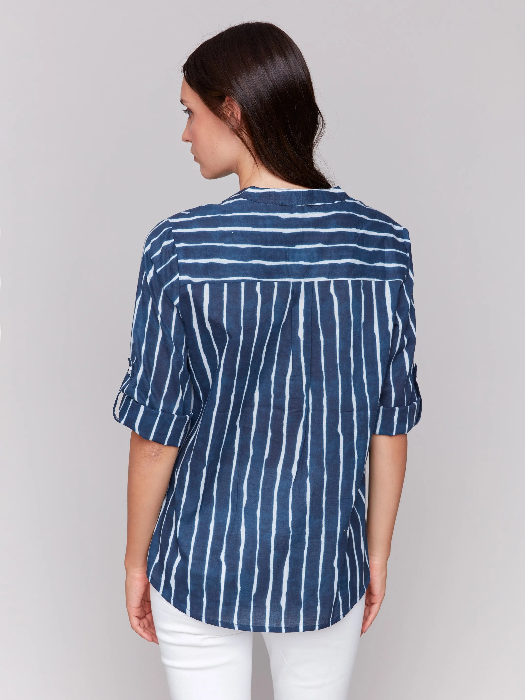 Printed Cotton Half-Button Blouse - Indigo