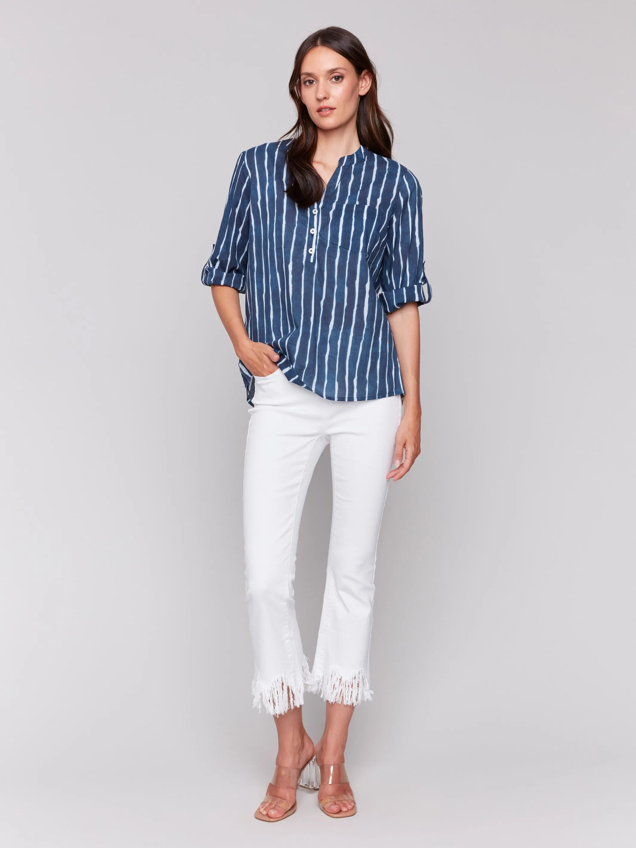 Printed Cotton Half-Button Blouse - Indigo