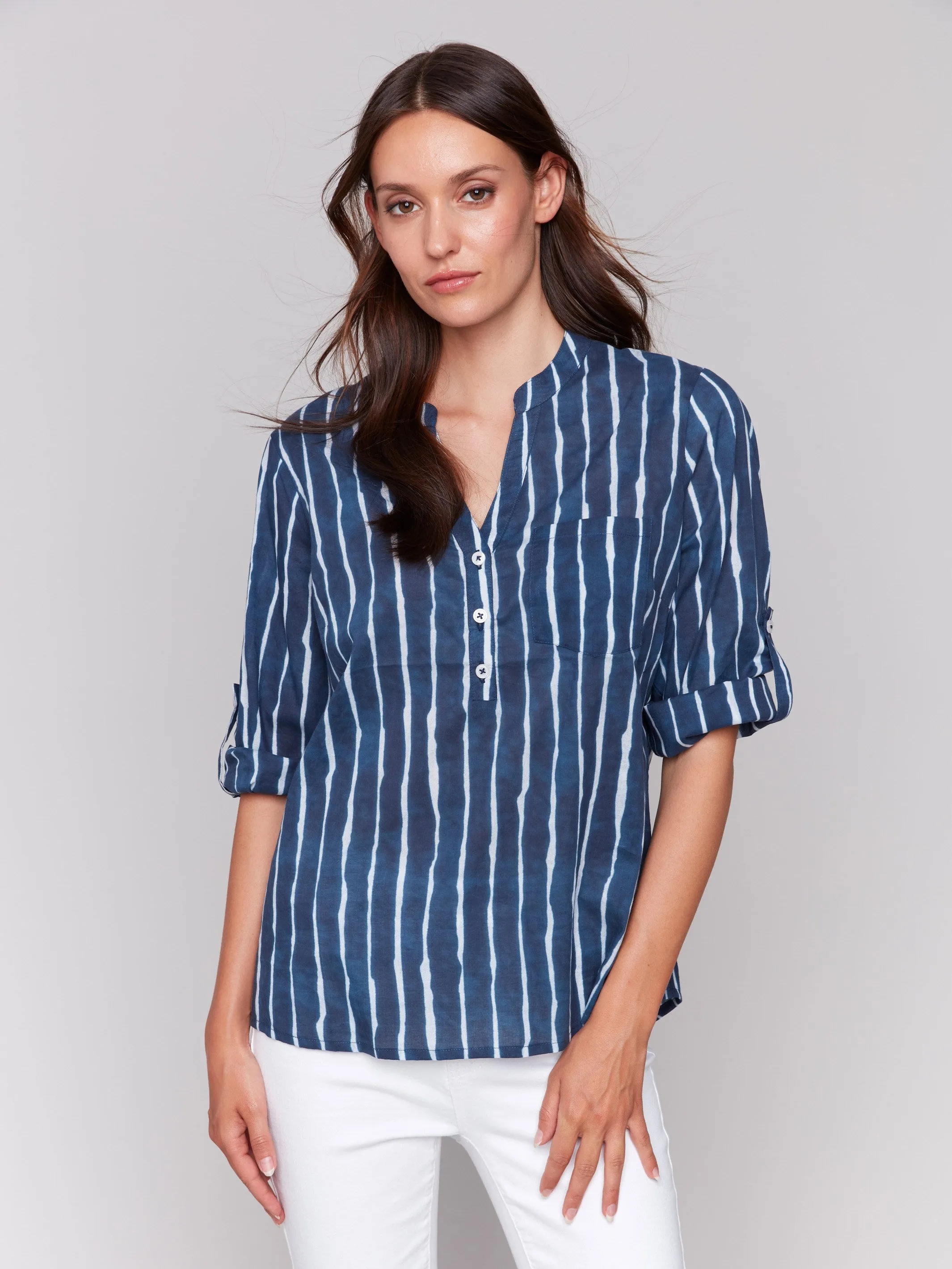 Printed Cotton Half-Button Blouse - Indigo