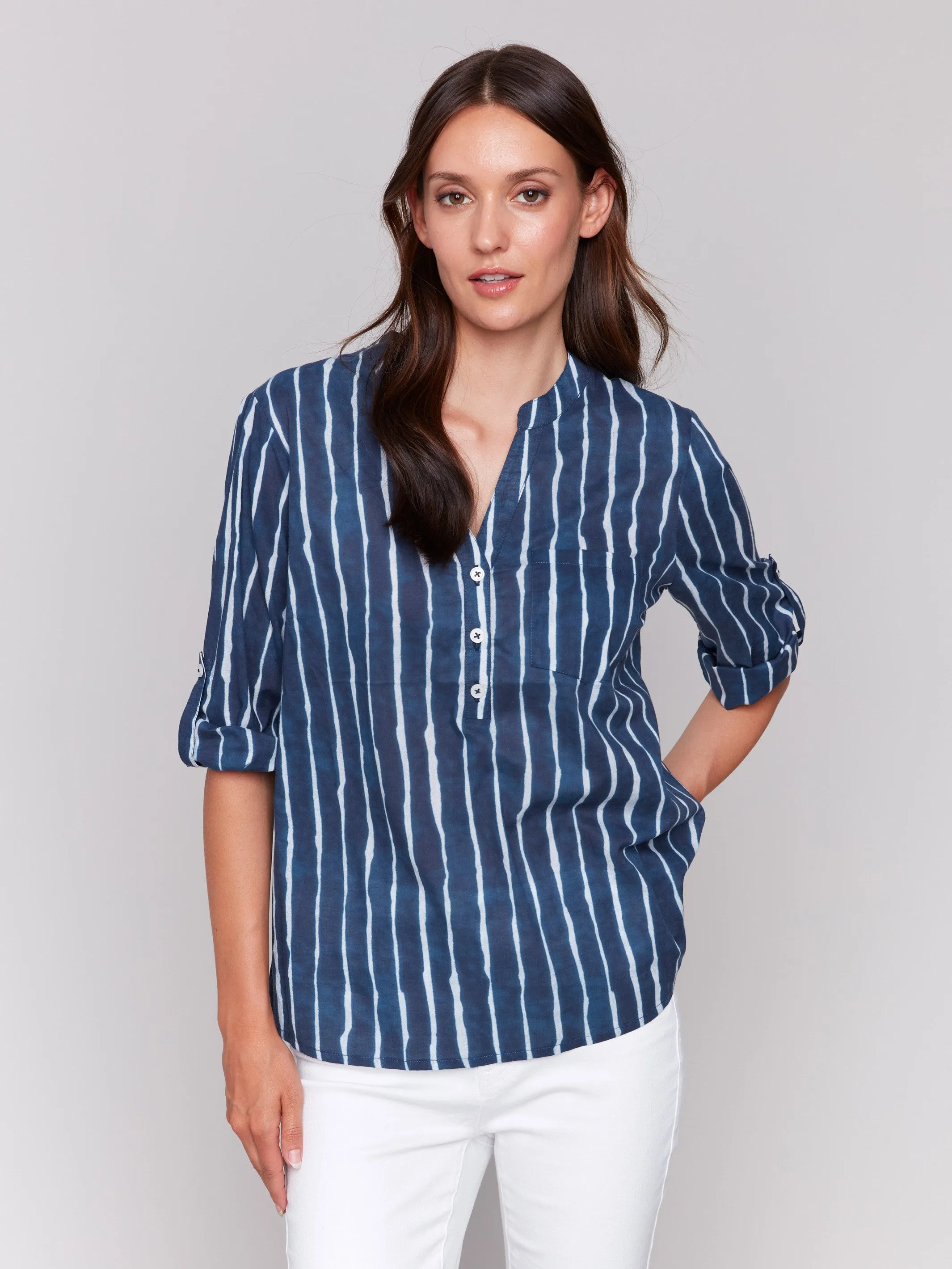 Printed Cotton Half-Button Blouse - Indigo