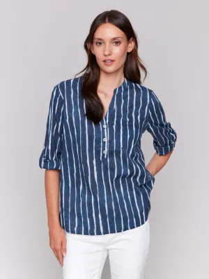 Printed Cotton Half-Button Blouse - Indigo