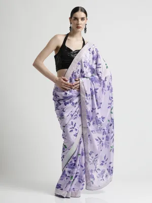 Purple Satin Silk Printed With Sequin Work Lace Saree